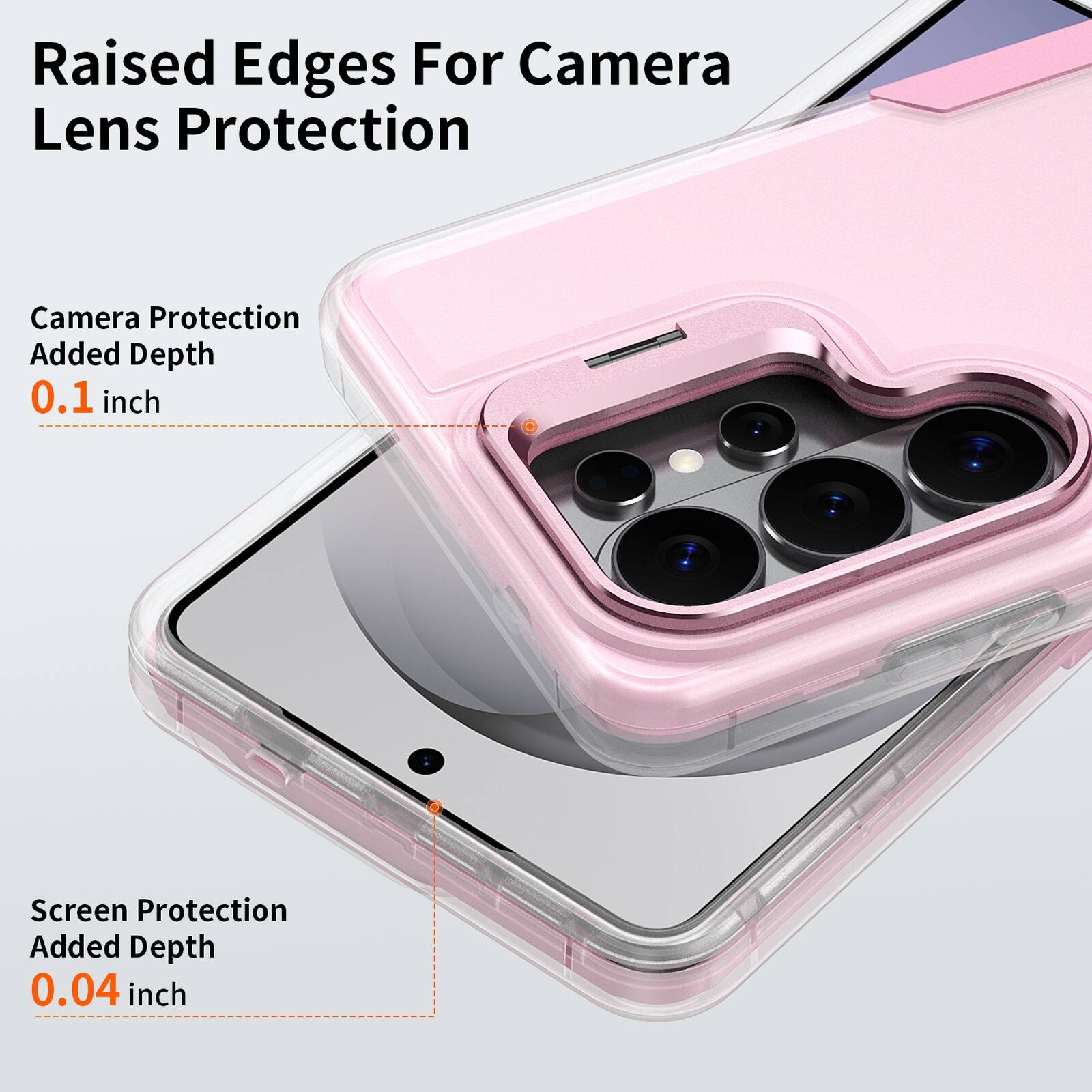 Raised Edges For Camera Lens Protection

Camera Protection Added Depth 0.1 inch

Screen Protection Added Depth 0.04 inch