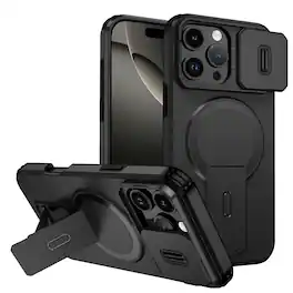 Dteck - Magnetic Case for Apple iPhone 16 Pro Max with Sliding Camera Cover,Qi Wireless Charging,Rugged Stand Shockproof Shell - Black