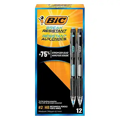 BIC
BREAK RESISTANT
RESISTANT AUX CHOCS
+75% STRONGER LEAD
+75% MINE PLUS SOLIDE
#2 HB MECHANICAL PENCILS
Medium | Moyen 0.7 mm
12