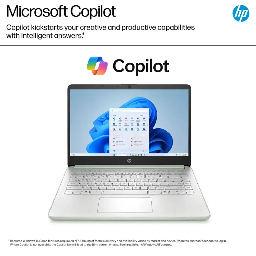 Microsoft Copilot kickstarts your creative and productive capabilities with intelligent answers. Requires Windows 11. Some features require NPU. Timing of feature delivery and availability varies by market and device. Requires Microsoft account to log in. Where Copilot is not available, the Copilot key will lead to the Bing search engine. See <http://aka.ms/WindowsAllFeatures>.