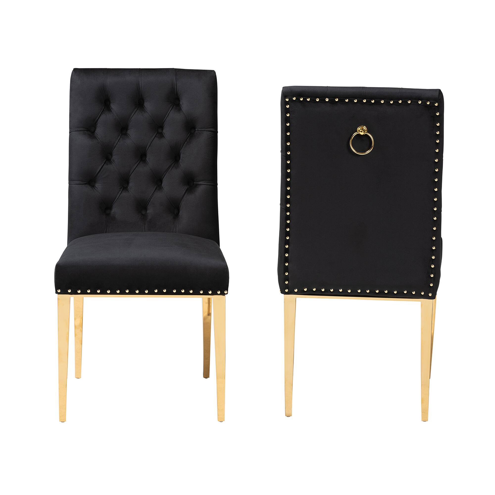 Angle. Baxton Studio - Caspera Contemporary Glam and Luxe Velvet Fabric and Gold Metal 2-Piece Dining Chair Set - Black/Gold.