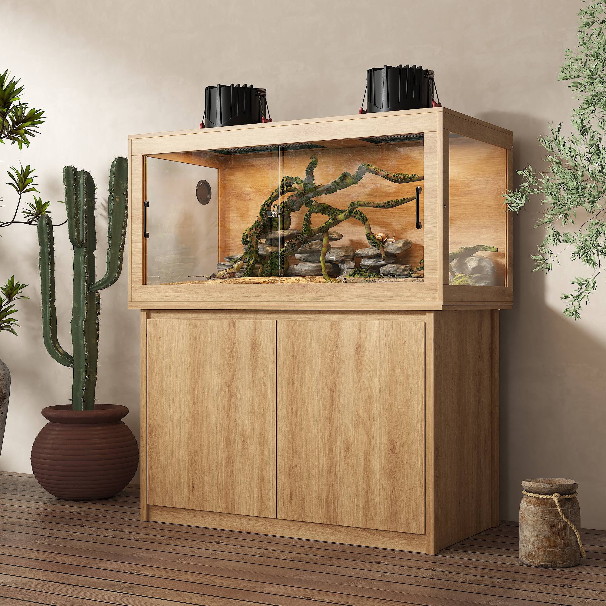 Angle. Famapy - Reptile Enclosure Cabinet with Storage – Glass Terrarium Habitat for Lizards, Geckos, Turtles, Snakes & More.