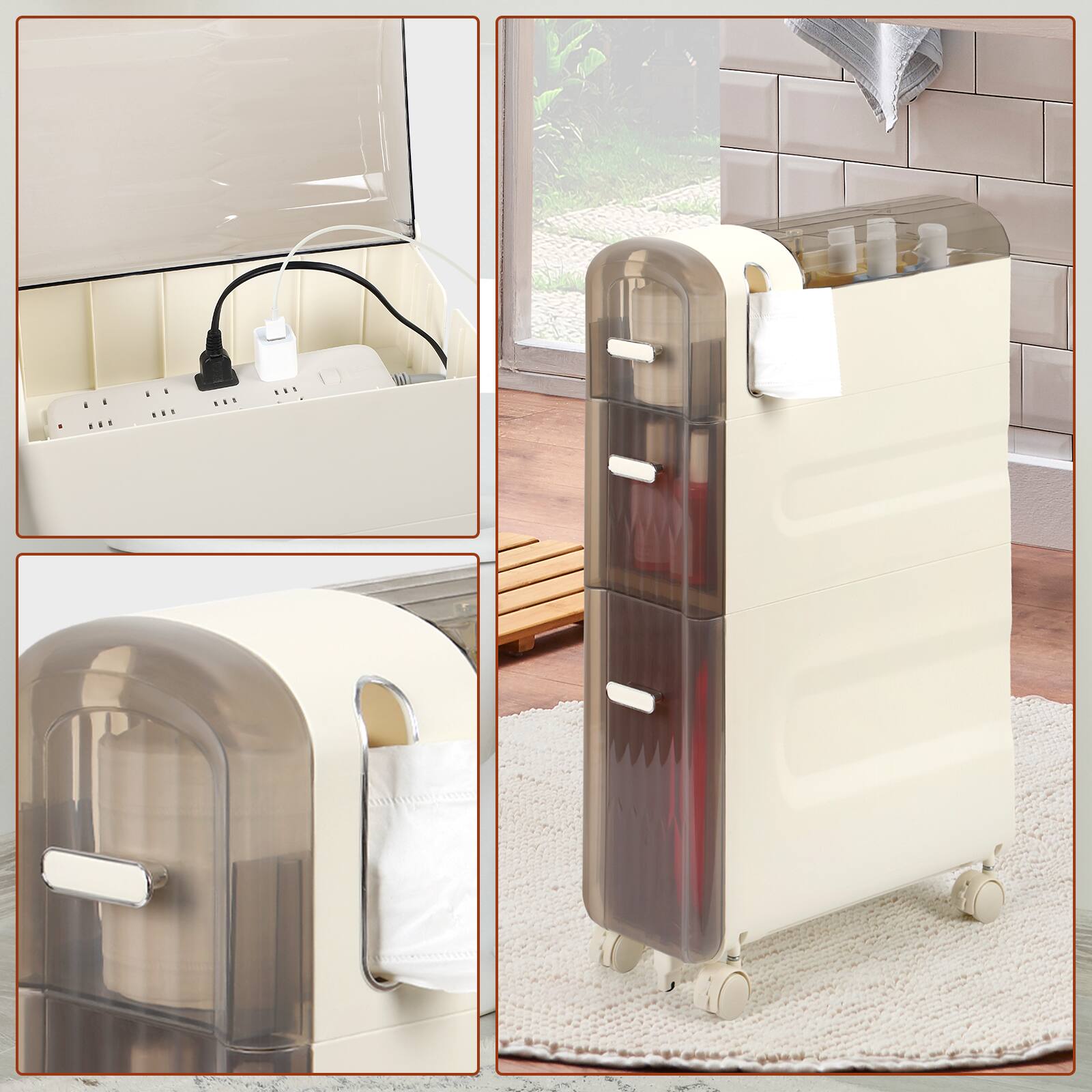 Left. Oumilen - White 3-Tier Narrow Rolling Storage Cart with Transparent Drawers - White.