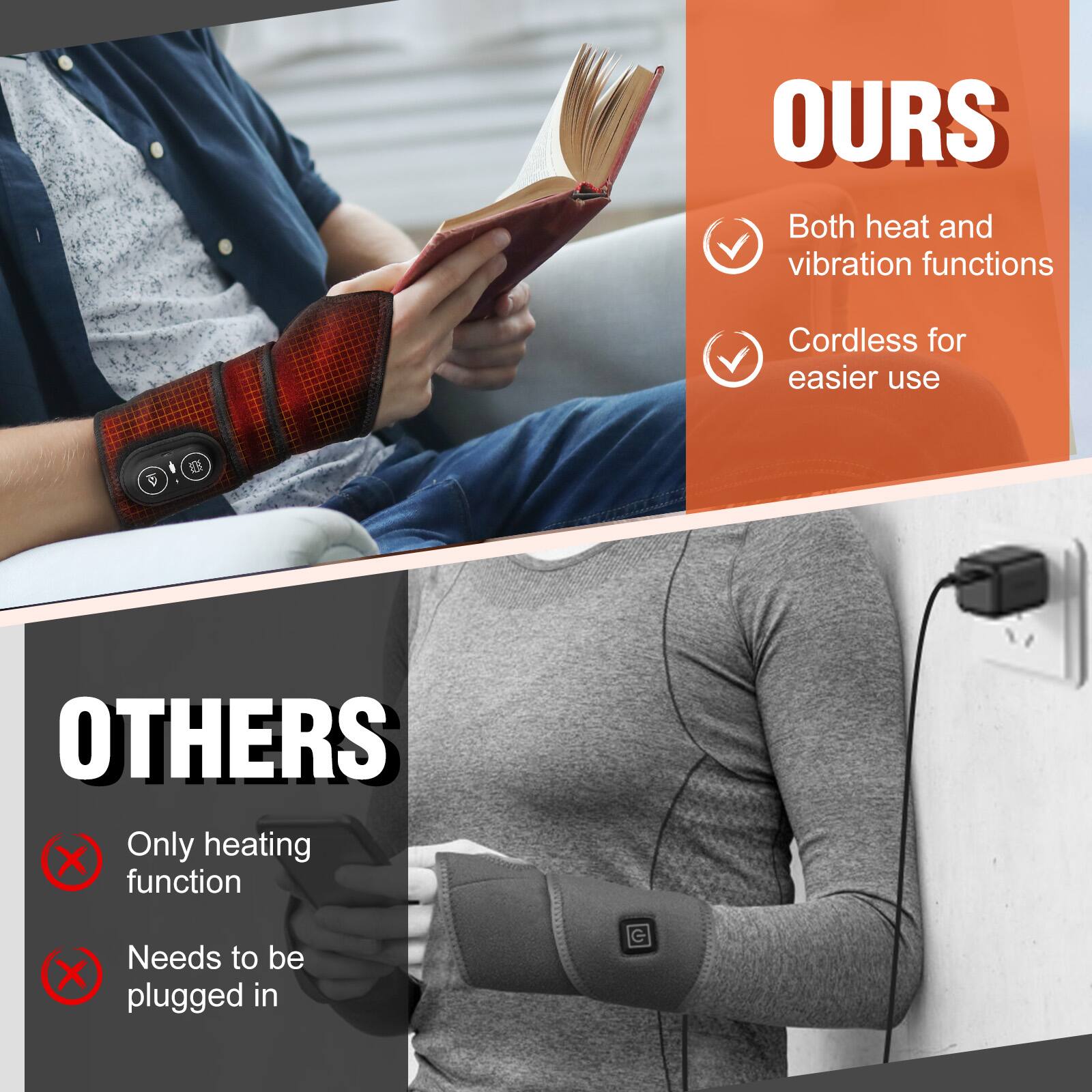 OURS
- Both heat and vibration functions
- Cordless for easier use

OTHERS
- Only heating function
- Needs to be plugged in