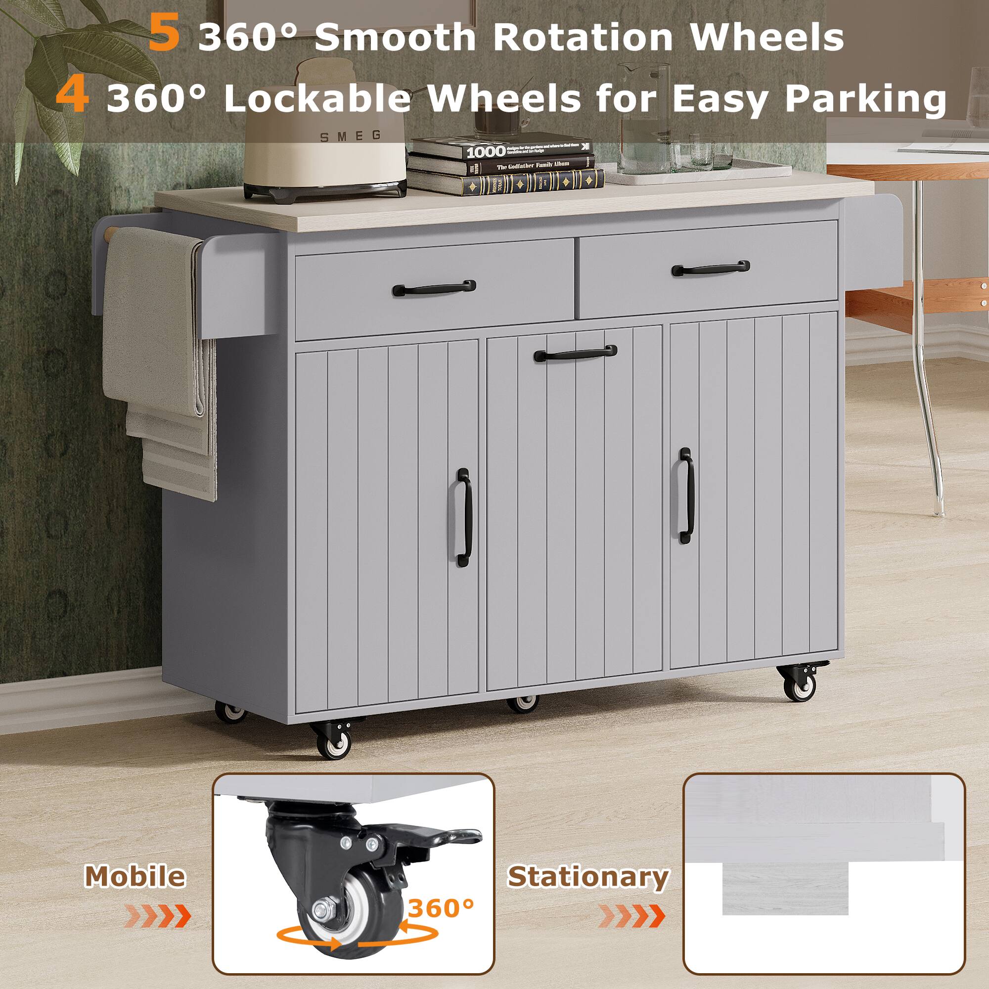5 360° Smooth Rotation Wheels  
4 360° Lockable Wheels for Easy Parking  

Mobile  
Stationary