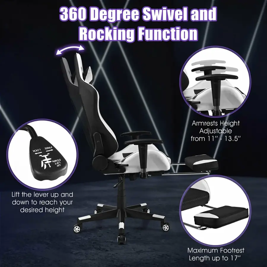 The image features a black and white chair with a 360-degree swivel and rocking function. The chair has armrests that are height adjustable from 11" to 13.5". The chair also has a DOMM LIFT feature that allows the user to lift the lever up and down to reach their desired height. Additionally, the chair has a maximum footrest length of up to 17".
