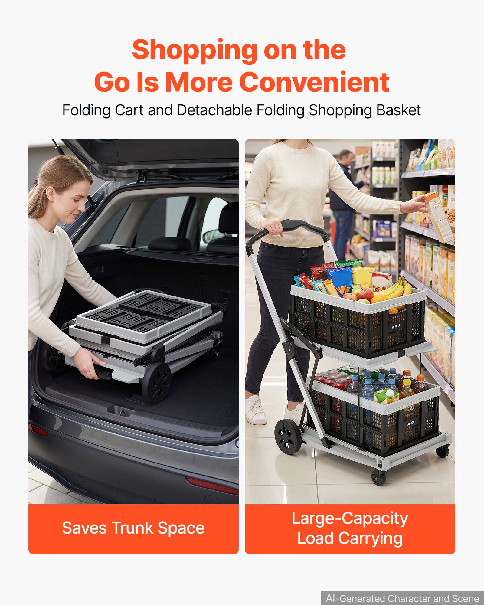 Shopping on the Go Is More Convenient  
Folding Cart and Detachable Folding Shopping Basket  
Saves Trunk Space  
Large-Capacity Load Carrying  
AI-Generated Character and Scene