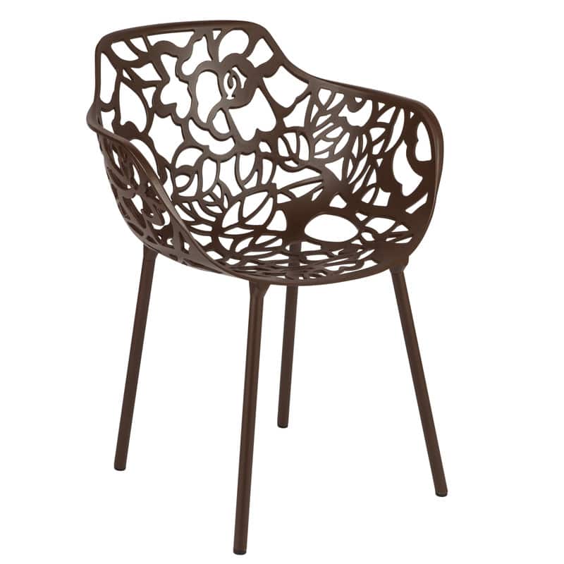 LeisureMod - Devon Stackable Aluminum Dining Chair with Floral Cutout Design Side Chair for Indoor Outdoor - Brown