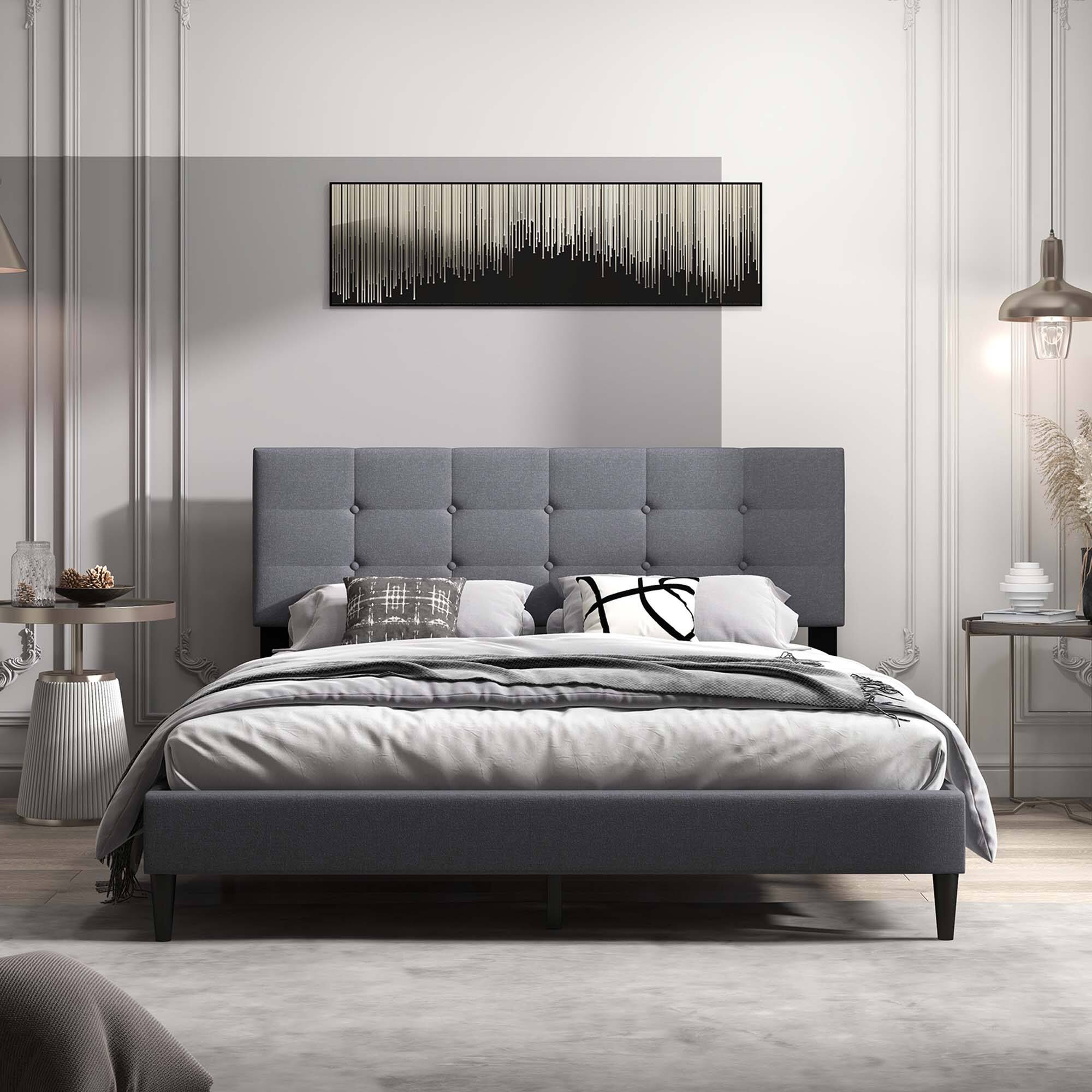 Alt View 2. Costway - Costway Queen Upholstered Platform Bed Mattress Foundation Button Tufted Headboard - Gray.