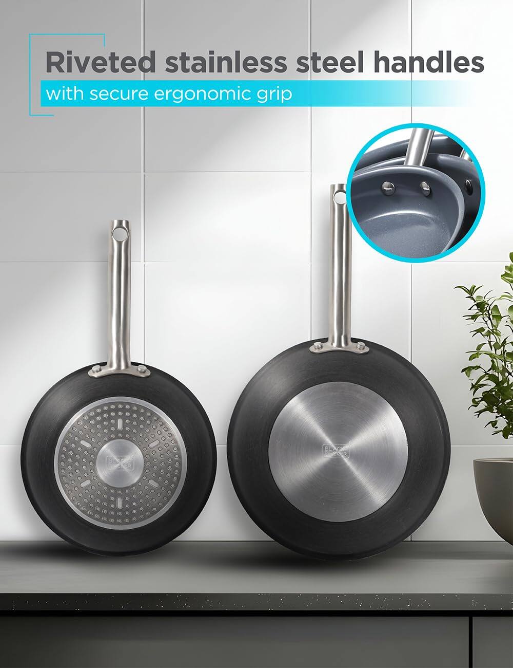 Riveted stainless steel handles with secure ergonomic grip