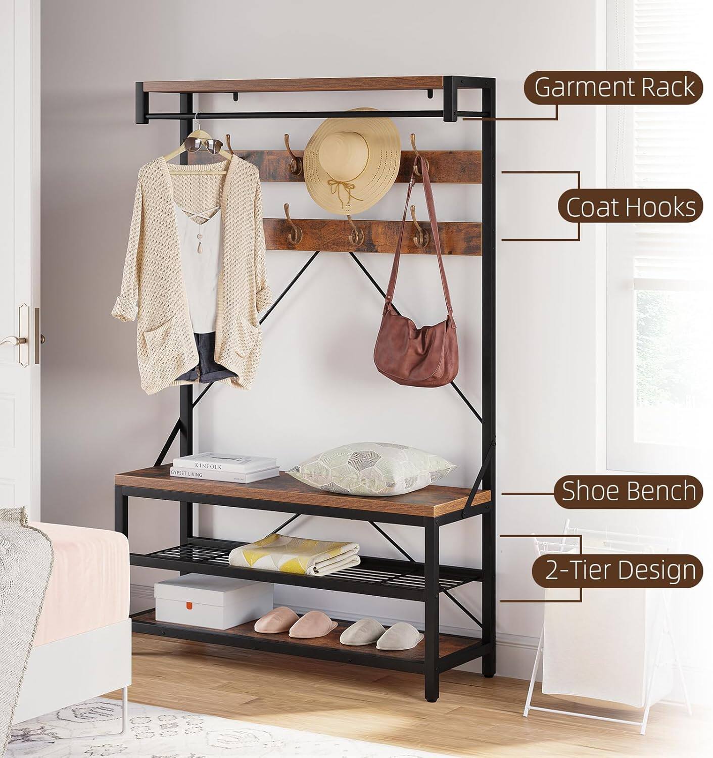 Garment Rack  
Coat Hooks  
Shoe Bench  
2-Tier Design