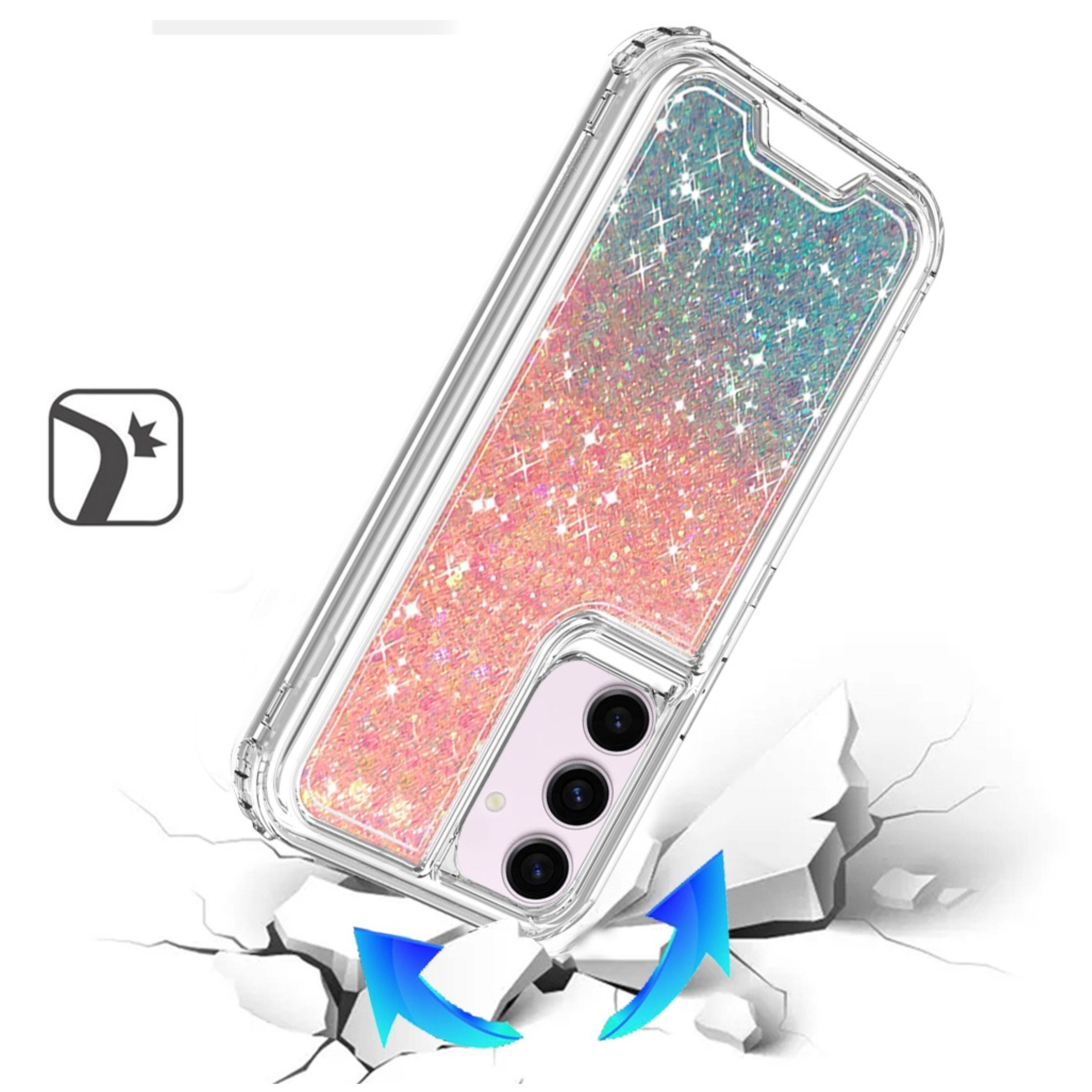 Left. Kitcheniva - Crystal Glitter 3-In-1 Protective Case With Tempered Glass For Samsung S25 Plus/S24 Plus Pink/Light Blue - A12321.