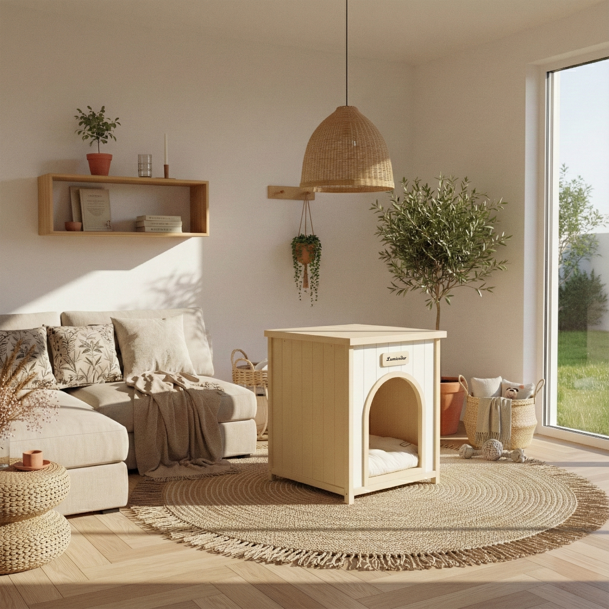 Front. Tiramisubest - Lumicedar Cream Yellow Flat Roof Pet House  FSC Solid Wood 53×51.6×60 cm Indoor Shelter for Small Cats & Dogs - Cream White,Light Yellow.