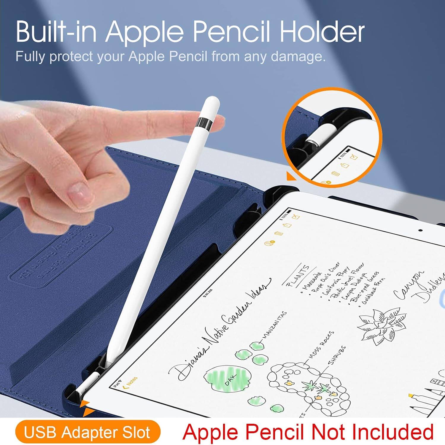 Built-in Apple Pencil Holder  
Fully protect your Apple Pencil from any damage.  

USB Adapter Slot  
Apple Pencil Not Included