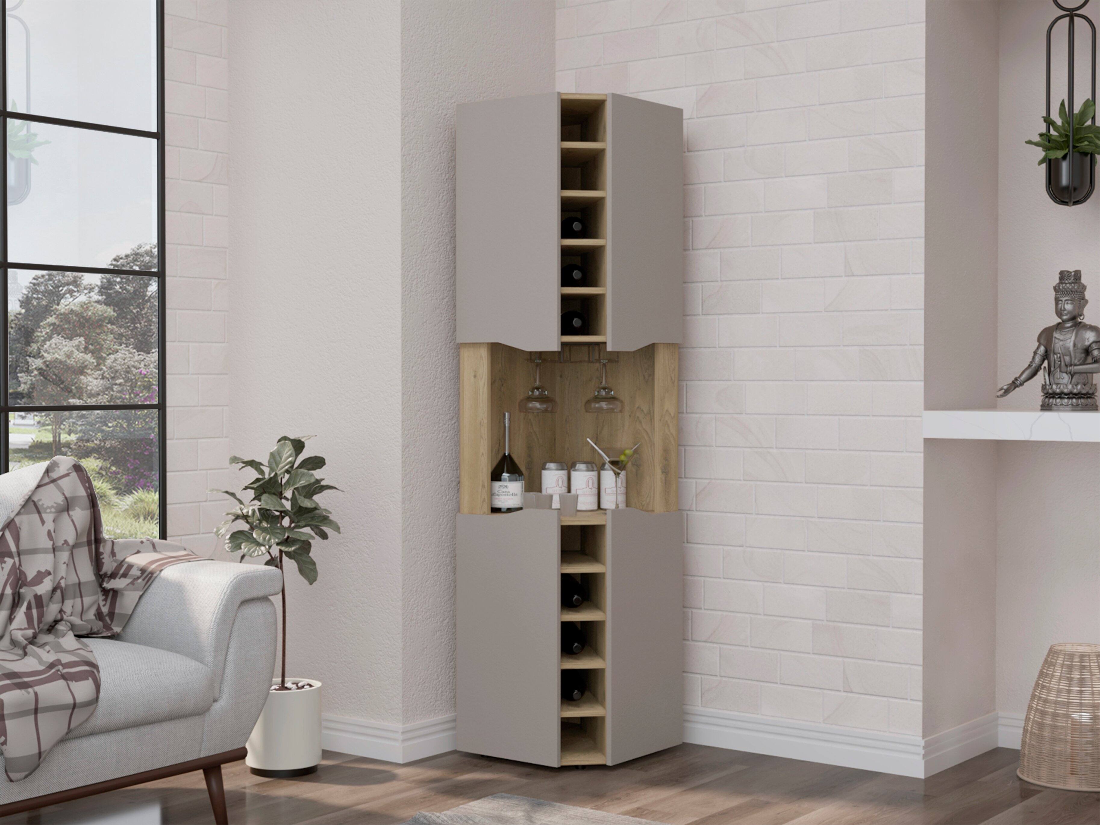 Angle. TuHome - Obregon Corner Bar Cabinet, Ten Built-In Wine Rack, Single Door, Bar Room, Cabinets. - Macadamia / Taupe.