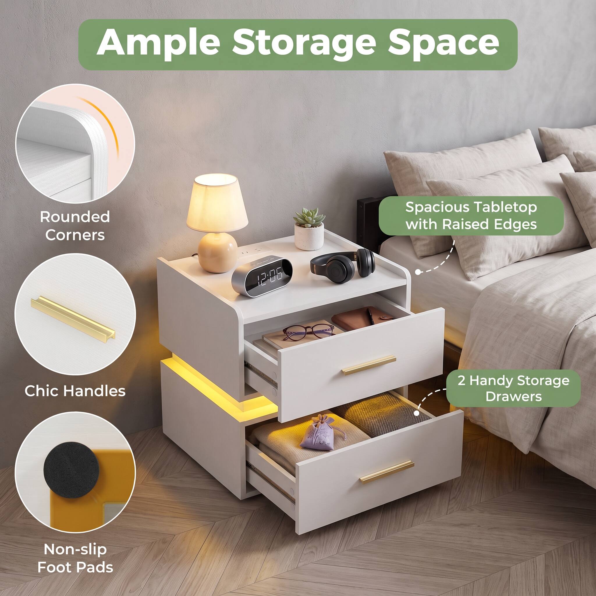Ample Storage Space

- Rounded Corners
- Spacious Tabletop with Raised Edges
- Chic Handles
- 2 Handy Storage Drawers
- Non-slip Foot Pads