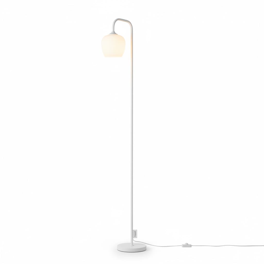 Front. FINEAK - Modern White Floor Lamp - Standing Lamp with Opal Glass Shade & LED Bulb - White.