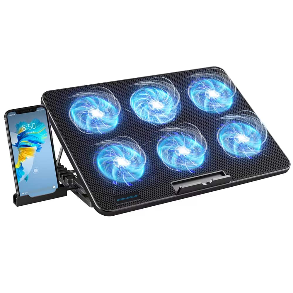 Luckbyte - Coolcold Laptop Cooling Pad with 6 Quiet Fans, 7 Adjustable Heights & Phone Holder for 15.6-17.3" Laptops, Dual USB