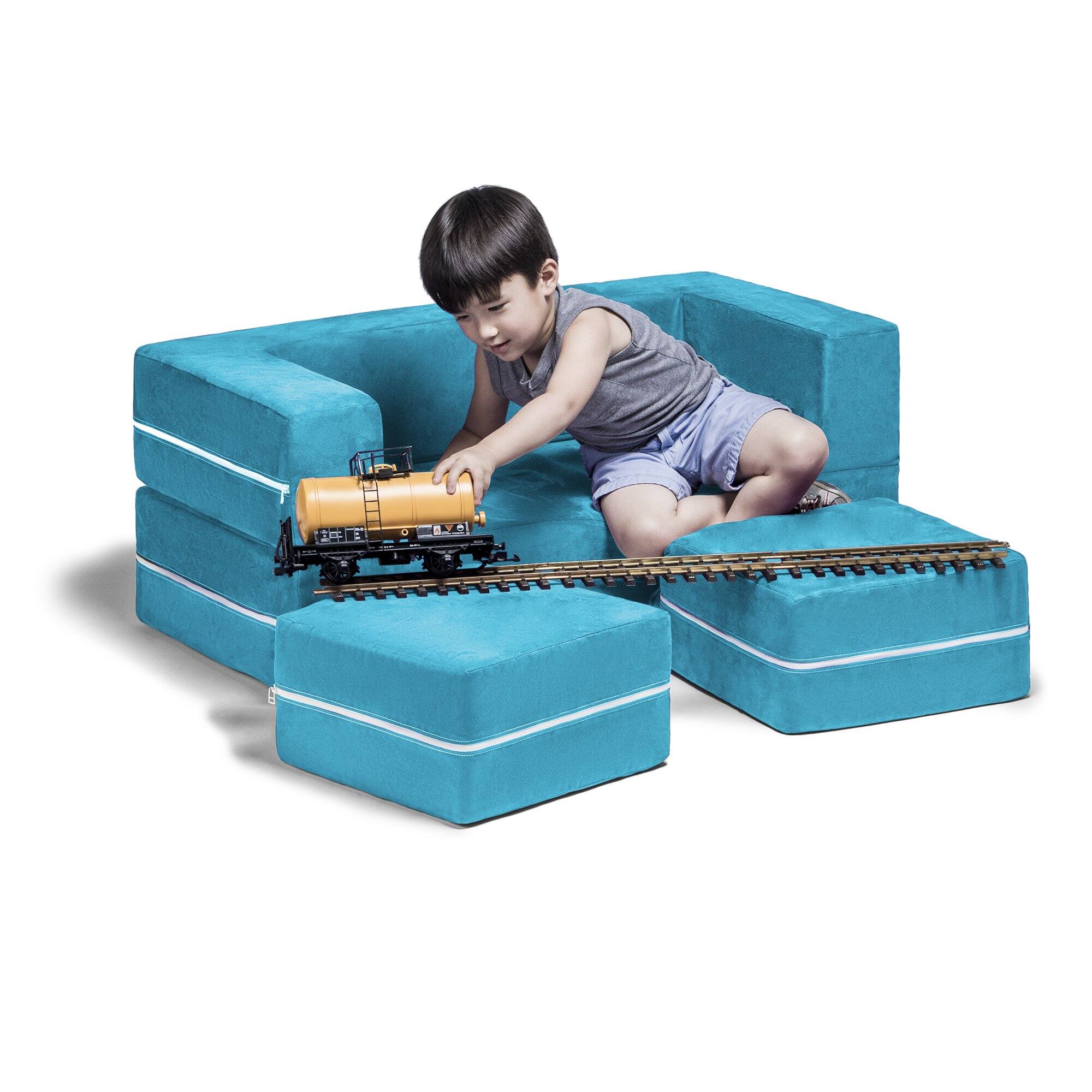 Left. Jaxx - Jaxx Zipline Kids Modular Loveseat & Ottomans/Fold Out Lounger, Aqua - Aqua.