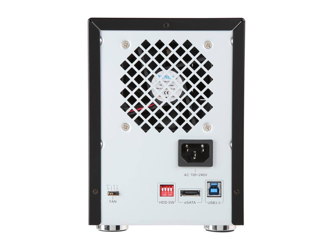 Sure, here is the corrected and grouped text from the image:

**Top Left:**
- QUALITY
- DC 12V
- 2A
- DC 5V
- 2A
- CE
- FCC

**Top Center:**
- NLA

**Top Right:**
- AC 100-240V

**Bottom Left:**
- FAN
- OFF
- ON

**Bottom Center:**
- HDD SW
- eSATA

**Bottom Right:**
- USB3.0