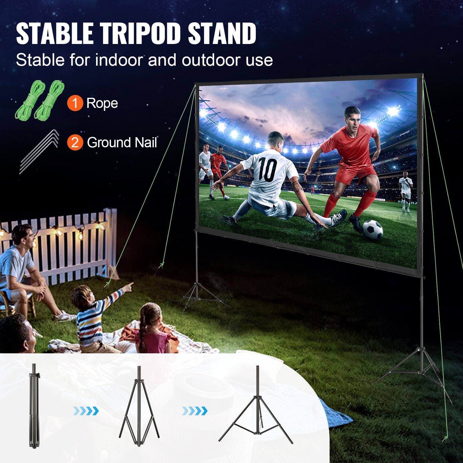 STABLE TRIPOD STAND  
Stable for indoor and outdoor use

1 Rope  
2 Ground Nail
