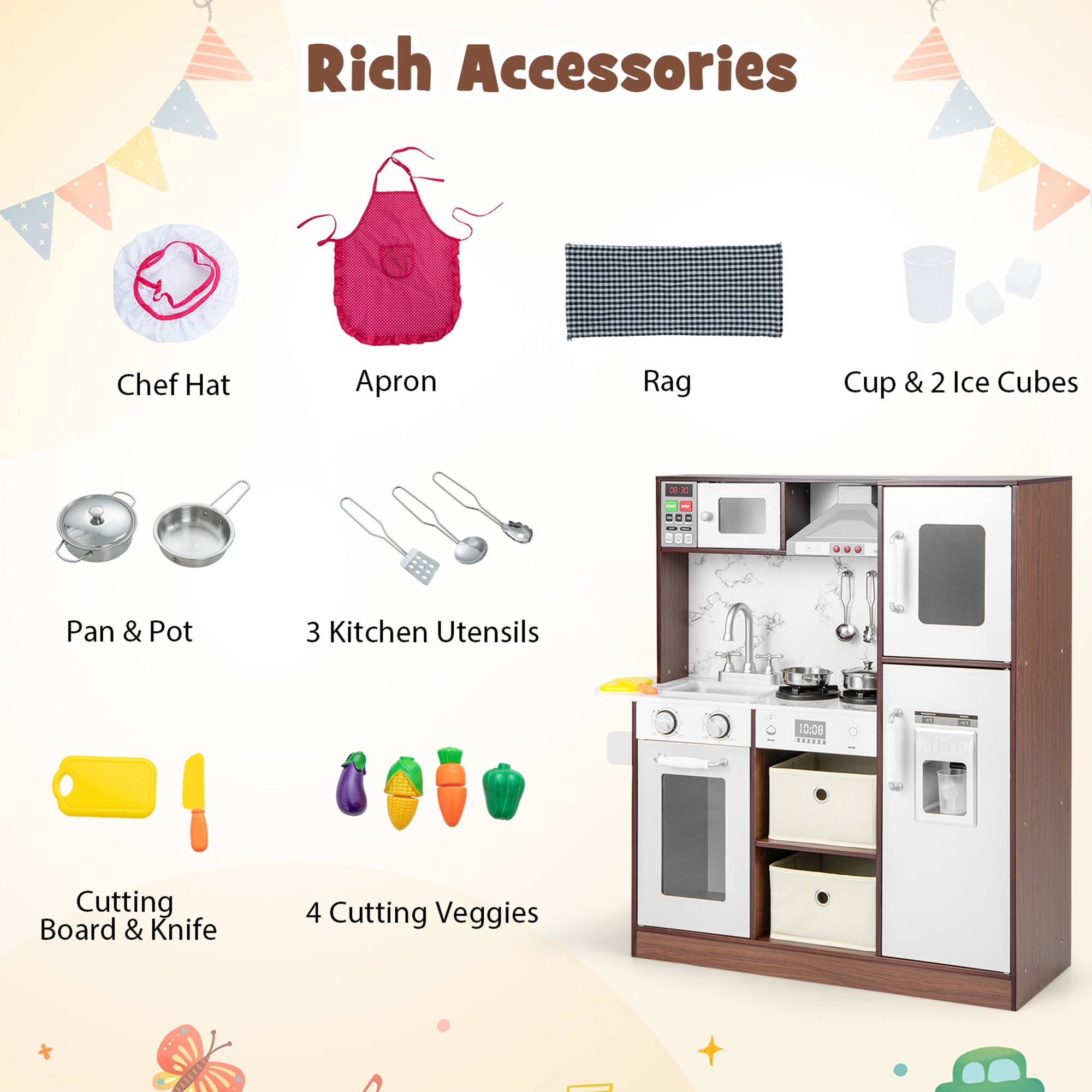 Rich Accessories

- Chef Hat
- Apron
- Rag
- Cup & 2 Ice Cubes
- Pan & Pot
- 3 Kitchen Utensils
- Cutting Board & Knife
- 4 Cutting Veggies