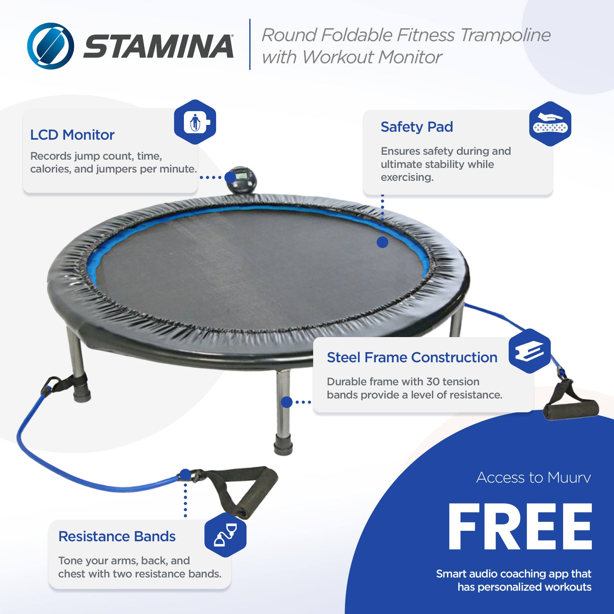 Round Foldable Fitness Trampoline STAMINA with Workout Monitor LCD Monitor Records jump count, time, calories, and jumpers per minute. Safety Pad Ensures safety during and ultimate stability while exercising. Steel Frame Construction Durable frame with 30 tension bands provide a level of resistance. Resistance Bands Tone your arms, back, and chest with two resistance bands. Access to Muurv FREE Smart audio coaching app that has personalized workouts