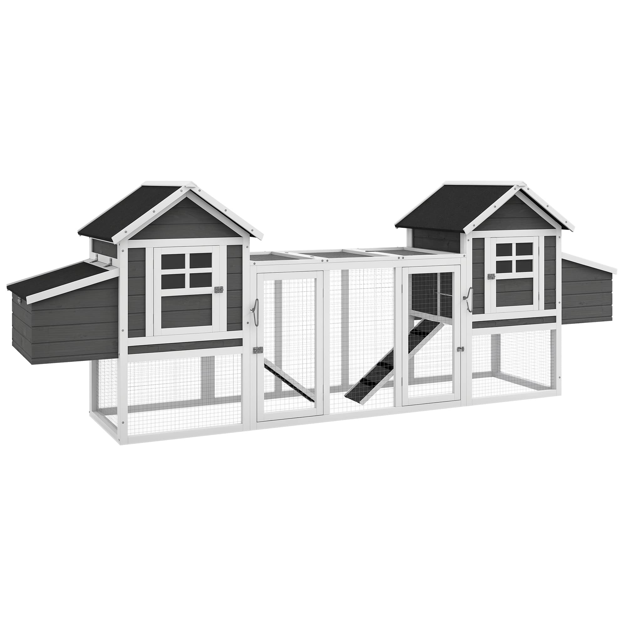 Pawhut - 123" x 27.5" x 42.5" Dual Wooden Outdoor Chicken Coop, Hen House with Garden Bed, Nesting Boxes, Trays, Ramps Run