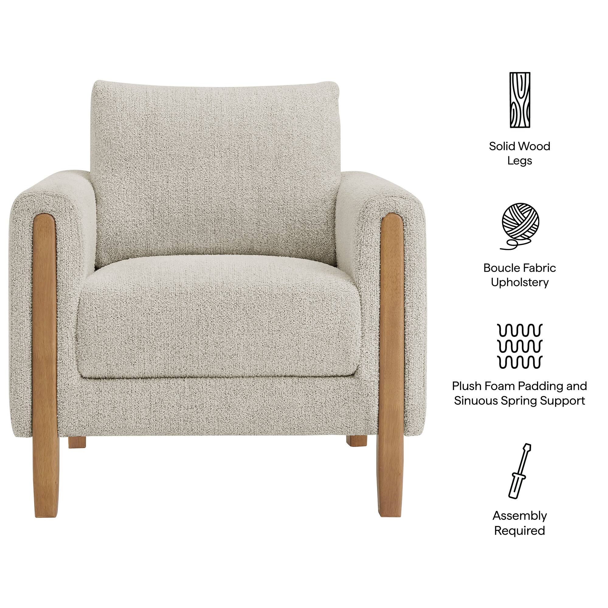 Solid Wood Legs  
Boucle Fabric Upholstery  
Plush Foam Padding and Sinuous Spring Support  
Assembly Required