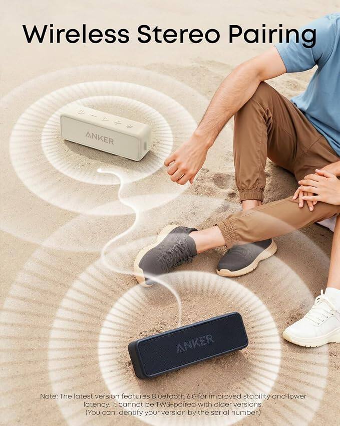 Wireless Stereo Pairing

ANKER

Note: The latest version features Bluetooth 6.0 for improved stability and lower latency. It cannot be TWS-paired with older versions (You can identify your version by the serial number.)