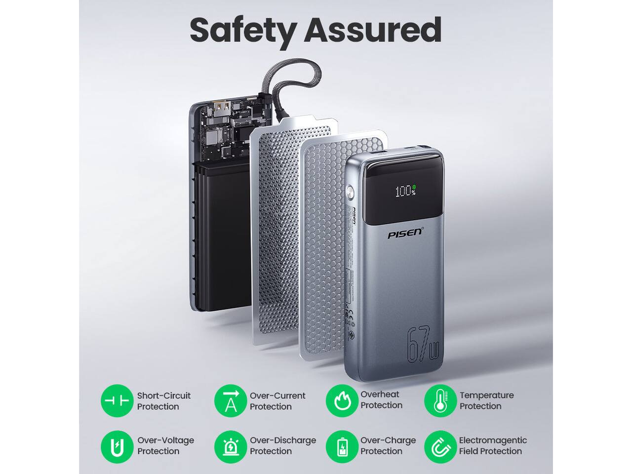 Safety Assured

100

PISEN

67u W

- Short-Circuit Protection
- Over-Current Protection
- Overheat Protection
- Temperature Protection
- Over-Voltage Protection
- Over-Discharge Protection
- Over-Charge Protection
- Electromagnetic Field Protection