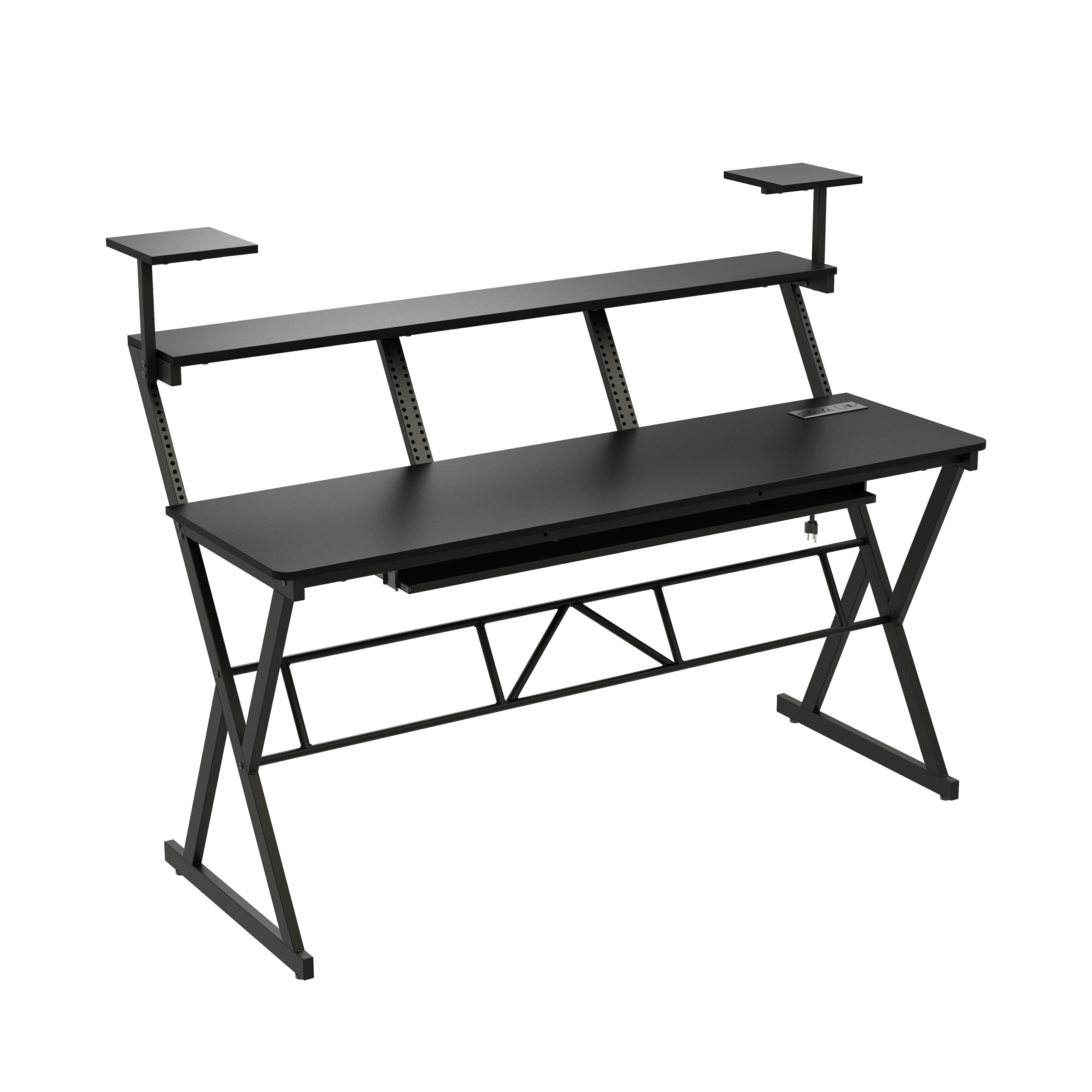 Famapy - Music Studio Desk with Rack, Recording Workstation with Monitor Shelves, Power Strip & Keyboard Tray - Black