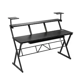 Famapy - Music Studio Desk with Rack, Recording Workstation with Monitor Shelves, Power Strip & Keyboard Tray - Black