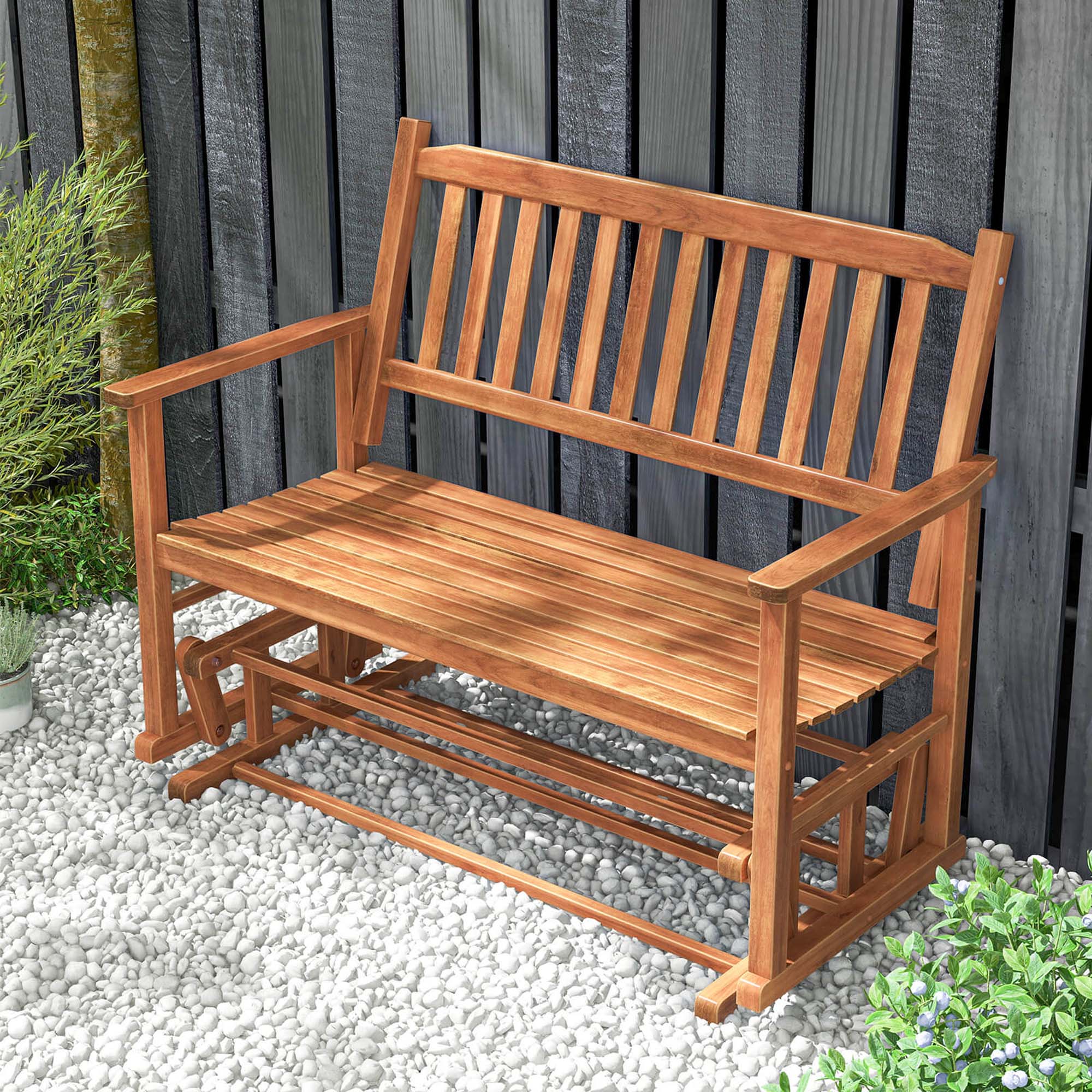 Back. Costway - Patio Glider Loveseat Chair Swing Rocking Bench with Slatted Seat & Curved Backrest - Natural.