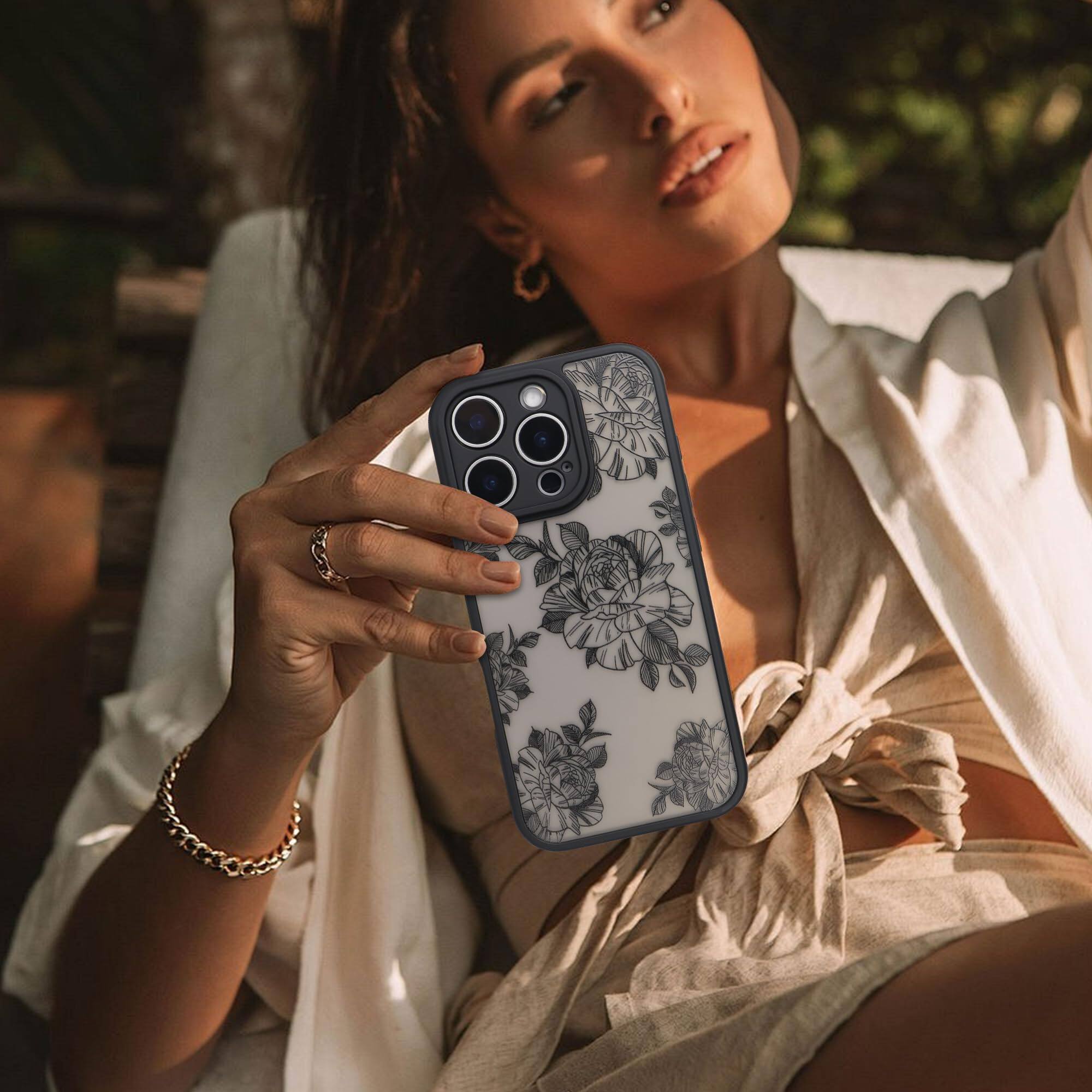 Alt View 3. Dazzed Corner - Soft TPU Bumper Hard PC Back Slim Shockproof Protective Translucent Matte Case Cover for iPhone 16 Pro, 6.3 inch - Flower.