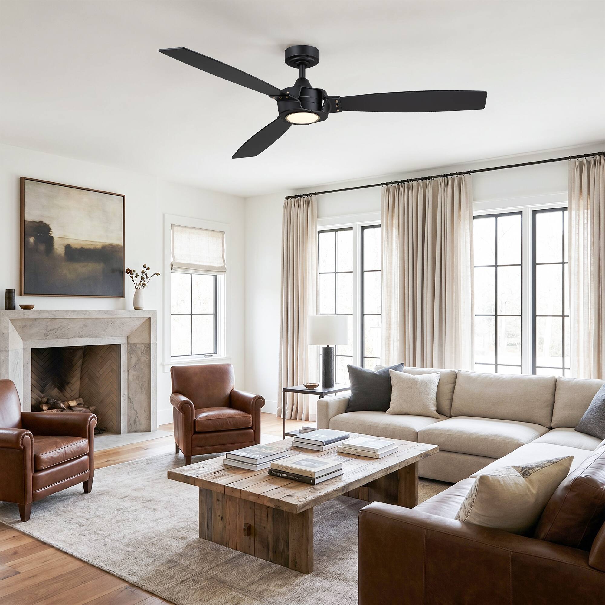 Angle. Parrot Uncle - 60" Modern 3-Blade Ceiling Fan with Dimmable LED Light and Remote - BLACK.