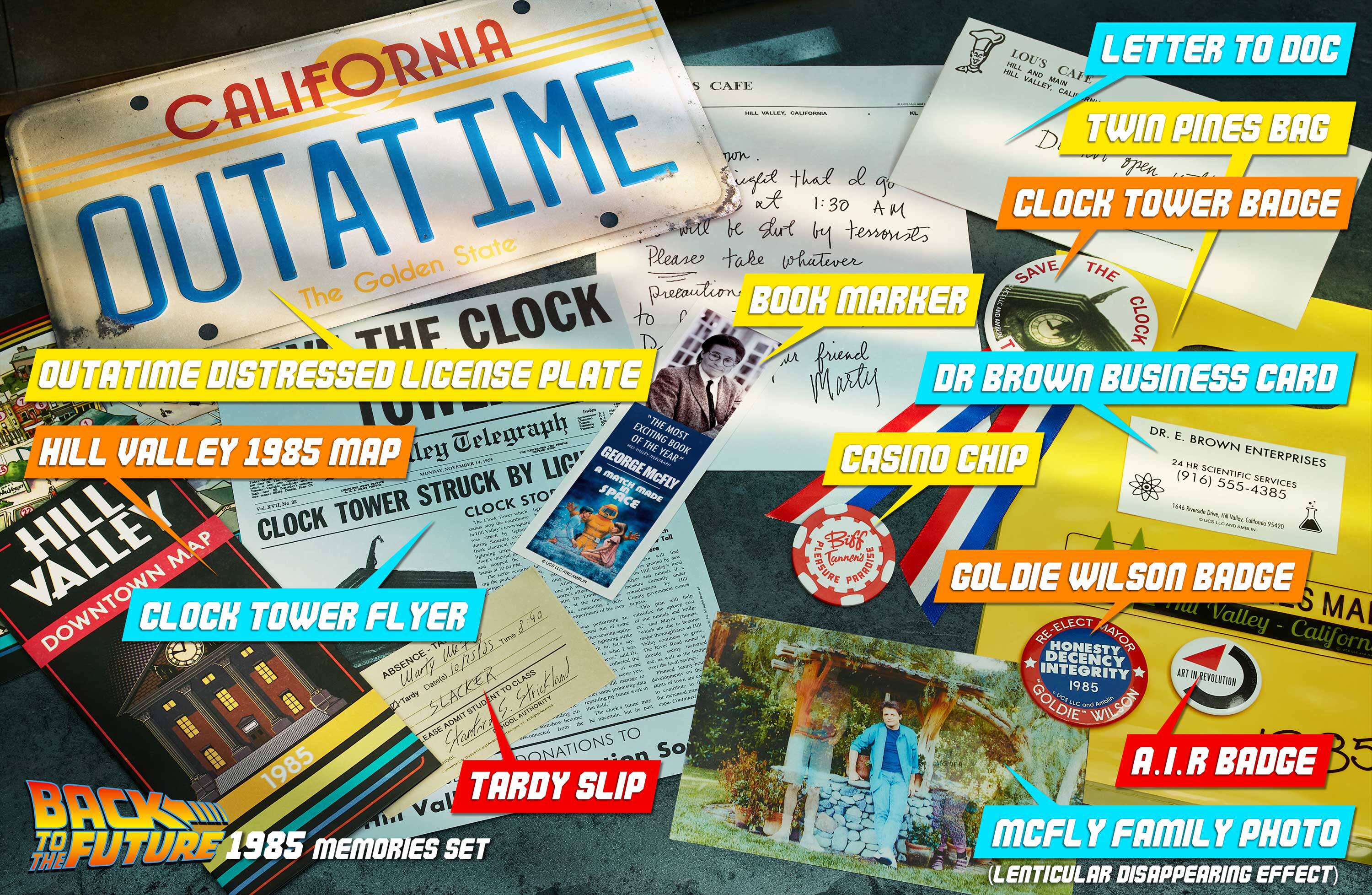 The text on the image can be grouped as follows:

1. California license plate: "OUTATIME"
2. The Clock Tower: "The Clock Tower"
3. Dr. Brown's business card: "Dr. Brown"
4. Casino chip: "Casino Chip"
5. 1985 map: "1985 Map"
6. Book marker: "Book Marker"
7. Golden Wilson badge: "Goldie Wilson Badge"
8. Tardy slip: "Tardy Slip"
9. Back to the Future 1985: "Back to the Future 1985"
10. McFly family photo: "McFly Family Photo"