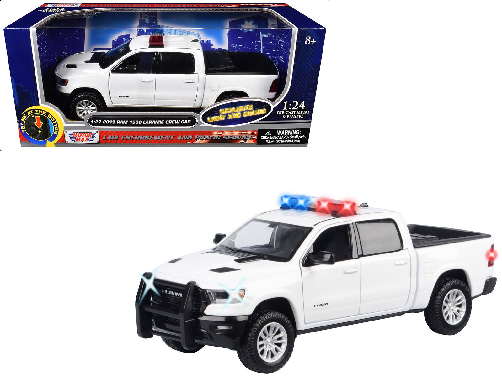 Motormax - 2019 RAM 1500 Laramie Crew Cab Pickup Truck, Flashing Light Bar, Front & Rear Lights & Sounds 1/27 - White