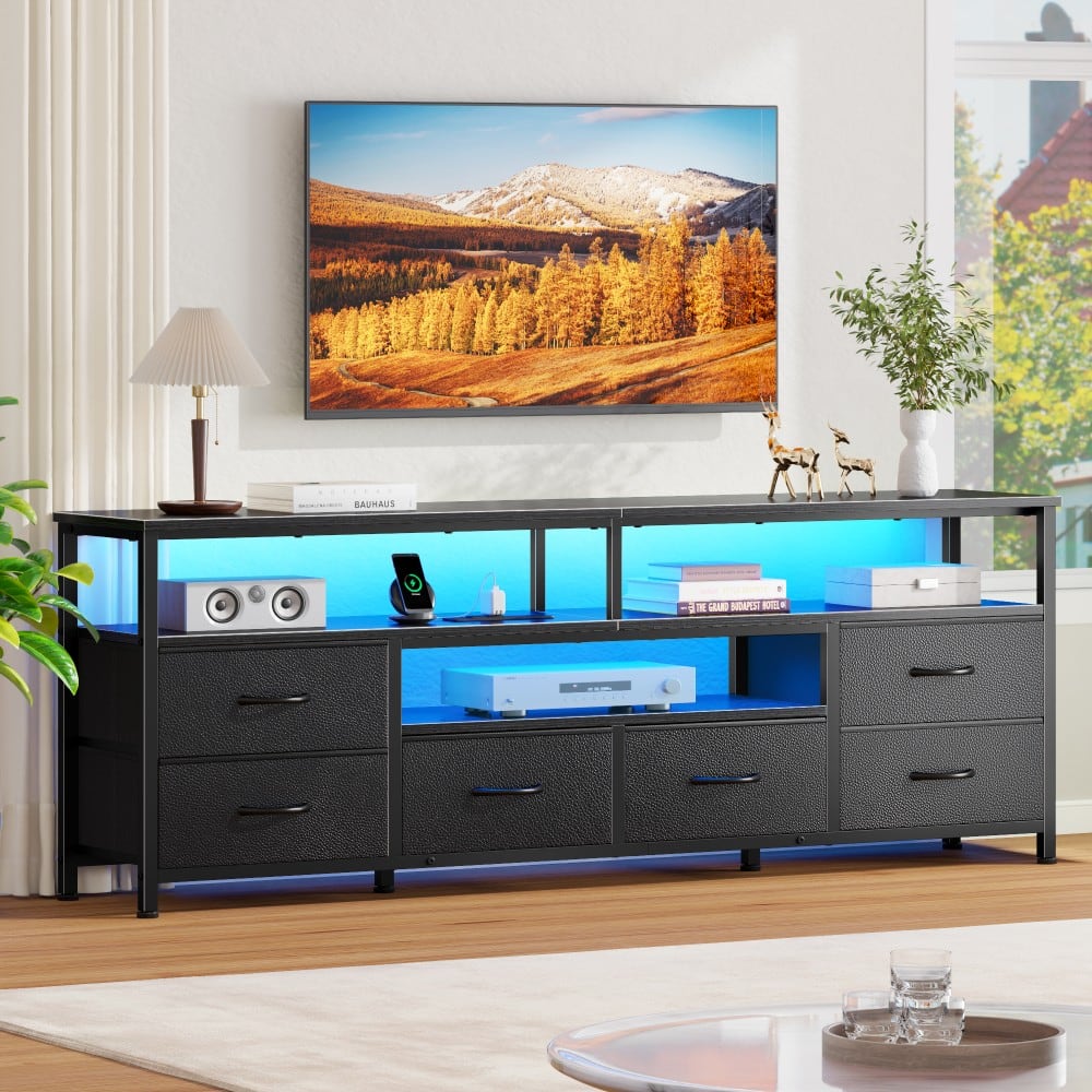 Furnulem - 63 Inch TV Stand with Charging Station LED Lights 6 Drawers TV Cabinet for TVs up to 70 Inch Media Console Living Room - Black