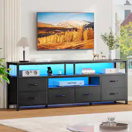 Furnulem - 63 Inch TV Stand with Charging Station LED Lights 6 Drawers TV Cabinet for TVs up to 70 Inch Media Console Living Room - Black