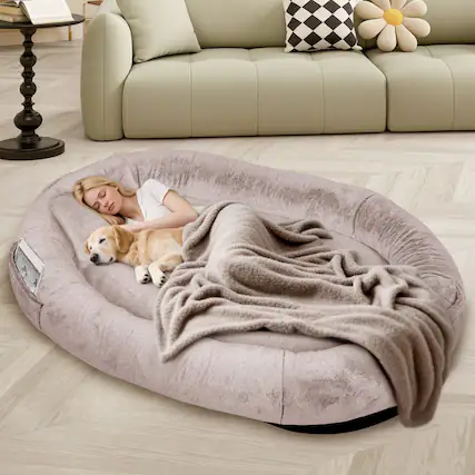 Front. Furryfection - Oversize Faux Fur Human dog Bed with Pillow and Blanket - Camel.