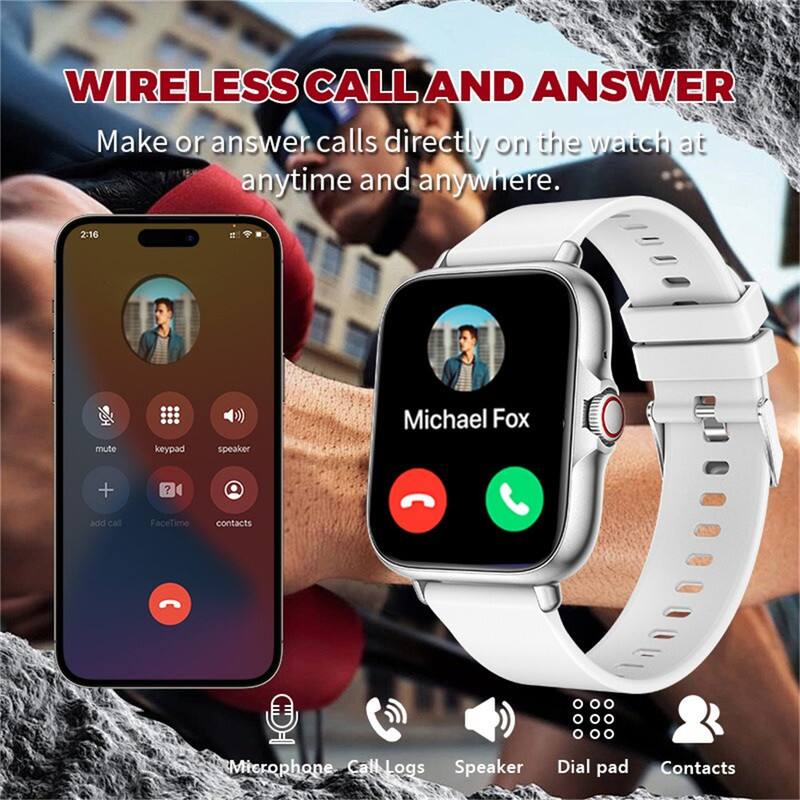 **WIRELESS CALL AND ANSWER**

Make or answer calls directly on the watch at anytime and anywhere.

- Mute
- Keypad
- Speaker
- Add call
- FaceTime
- Contacts

**Michael Fox**

- Microphone
- Call Logs
- Speaker
- Dial pad
- Contacts
