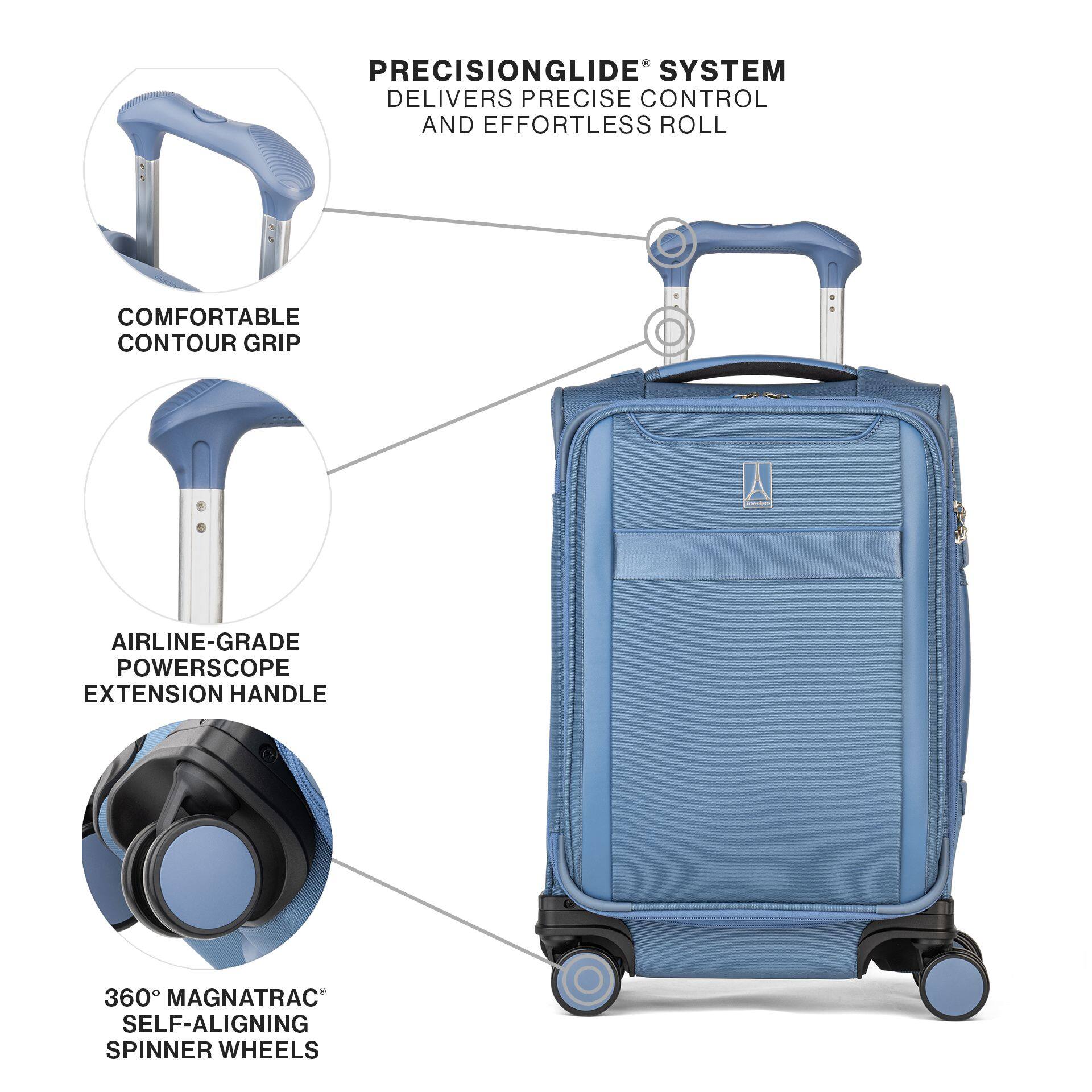 PRECISIONGLIDE® SYSTEM DELIVERS PRECISE CONTROL AND EFFORTLESS ROLL  
COMFORTABLE CONTOUR GRIP  
AIRLINE-GRADE POWERSCOPE EXTENSION HANDLE  
360° MAGNATRAC® SELF-ALIGNING SPINNER WHEELS