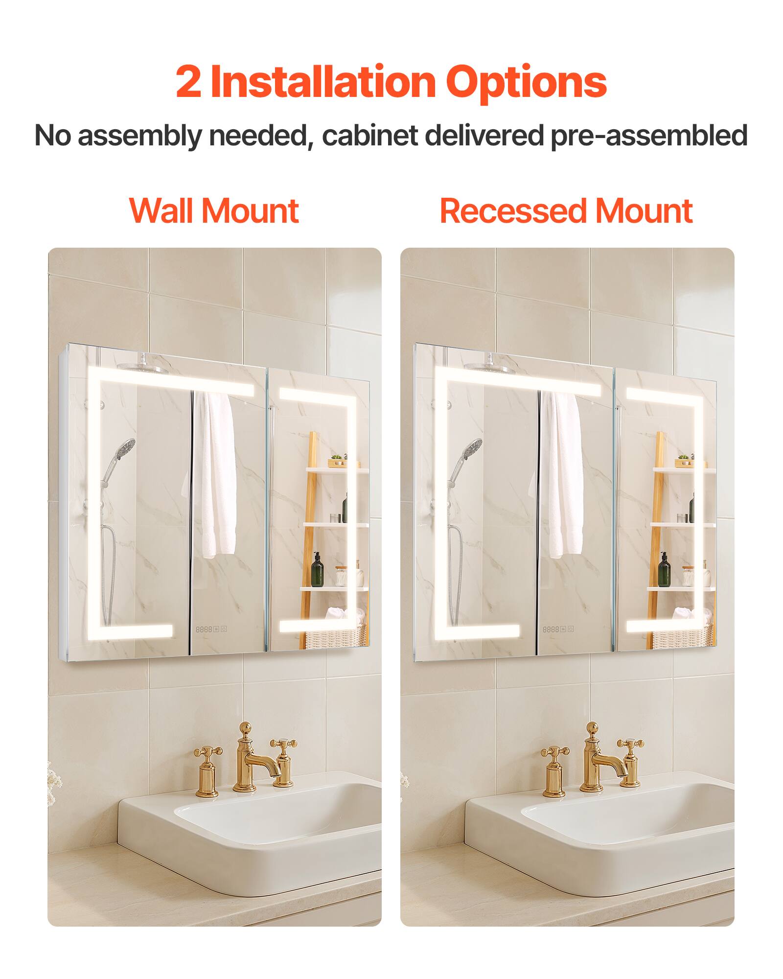 2 Installation Options
No assembly needed, cabinet delivered pre-assembled
Wall Mount
Recessed Mount