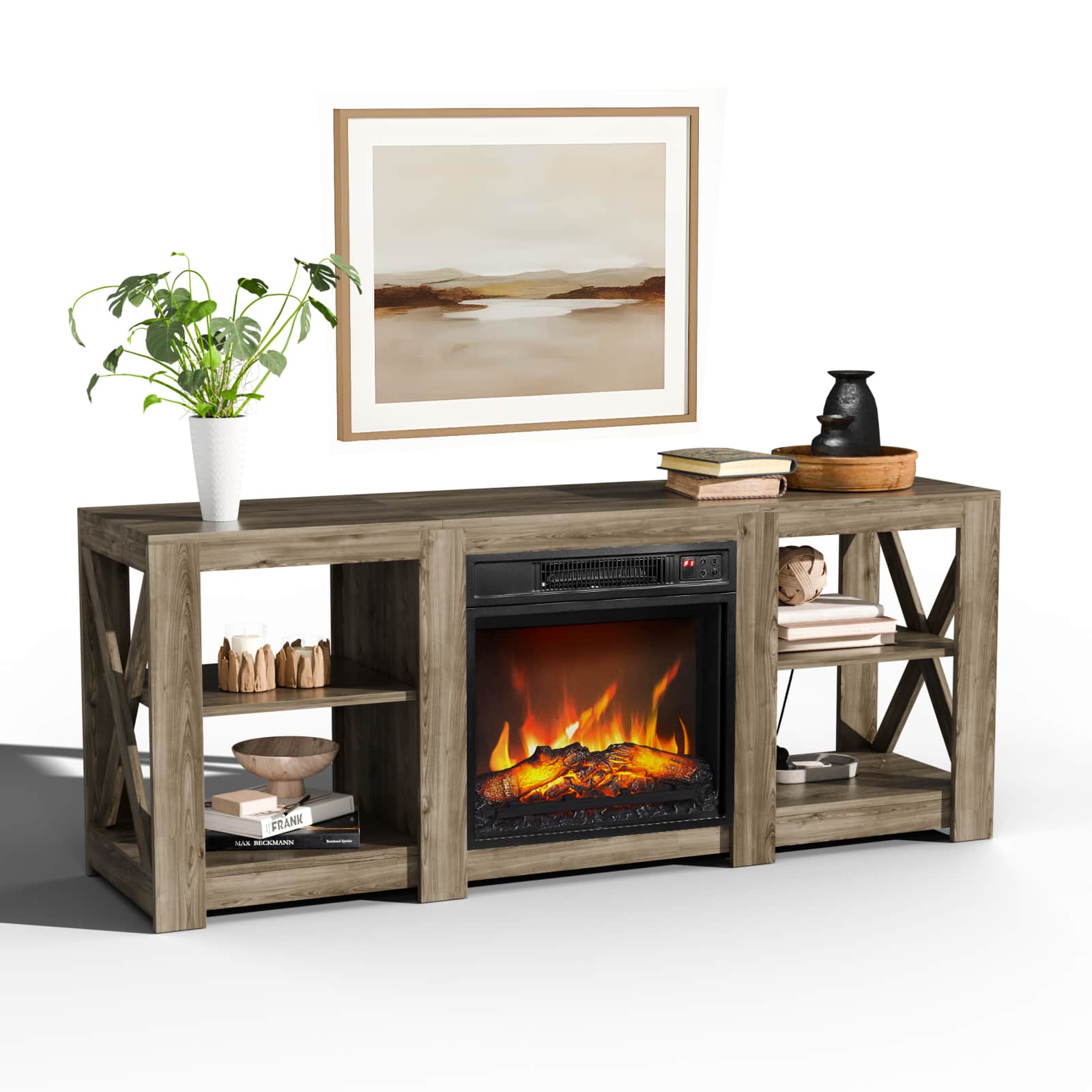 Chateau Abodes - 58" Fireplace TV Stand with Double-Sided Cross Design & 18" Fireplace Core - Gary