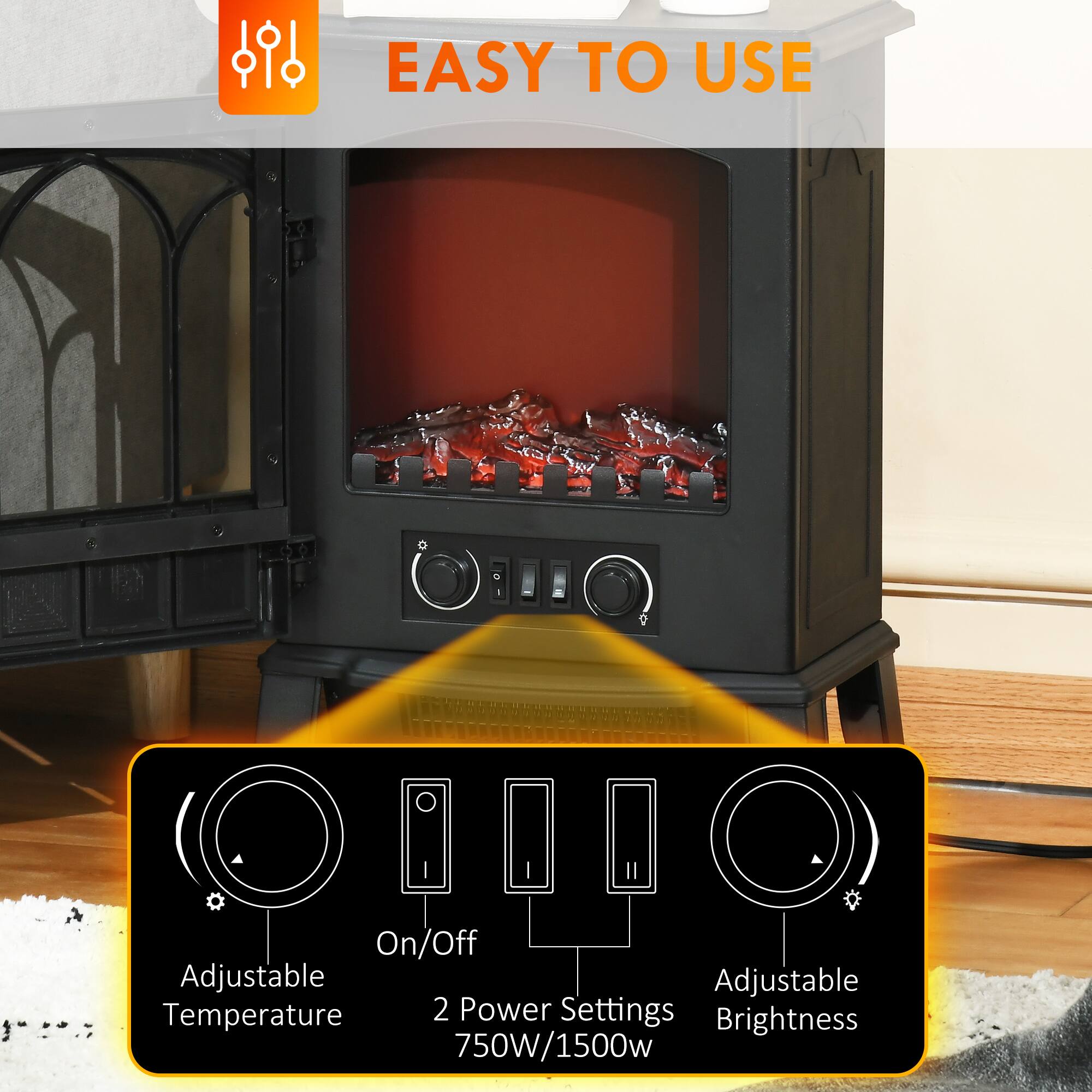 EASY TO USE

- On/Off
- Adjustable Temperature
- 2 Power Settings: 750W/1500W
- Adjustable Brightness