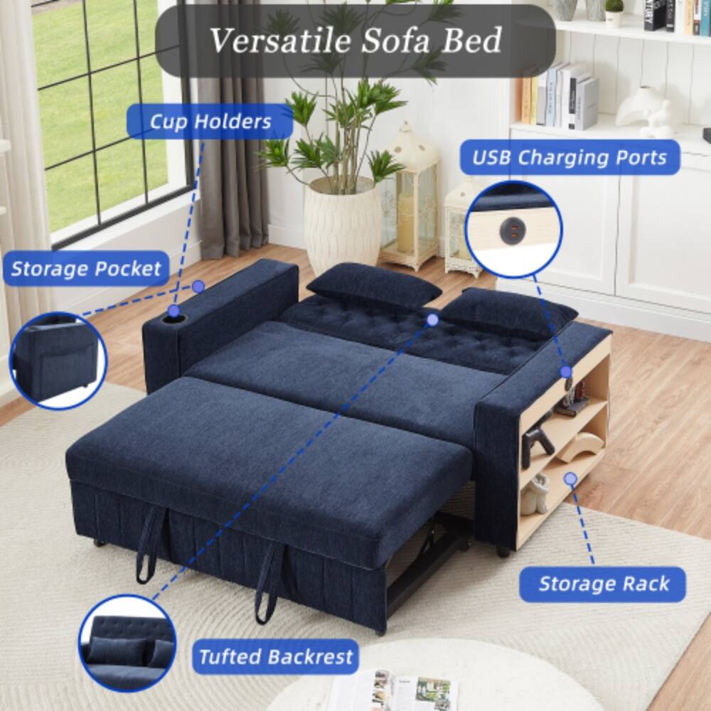 Versatile Sofa Bed

- Cup Holders
- USB Charging Ports
- Storage Pocket
- Storage Rack
- Tufted Backrest