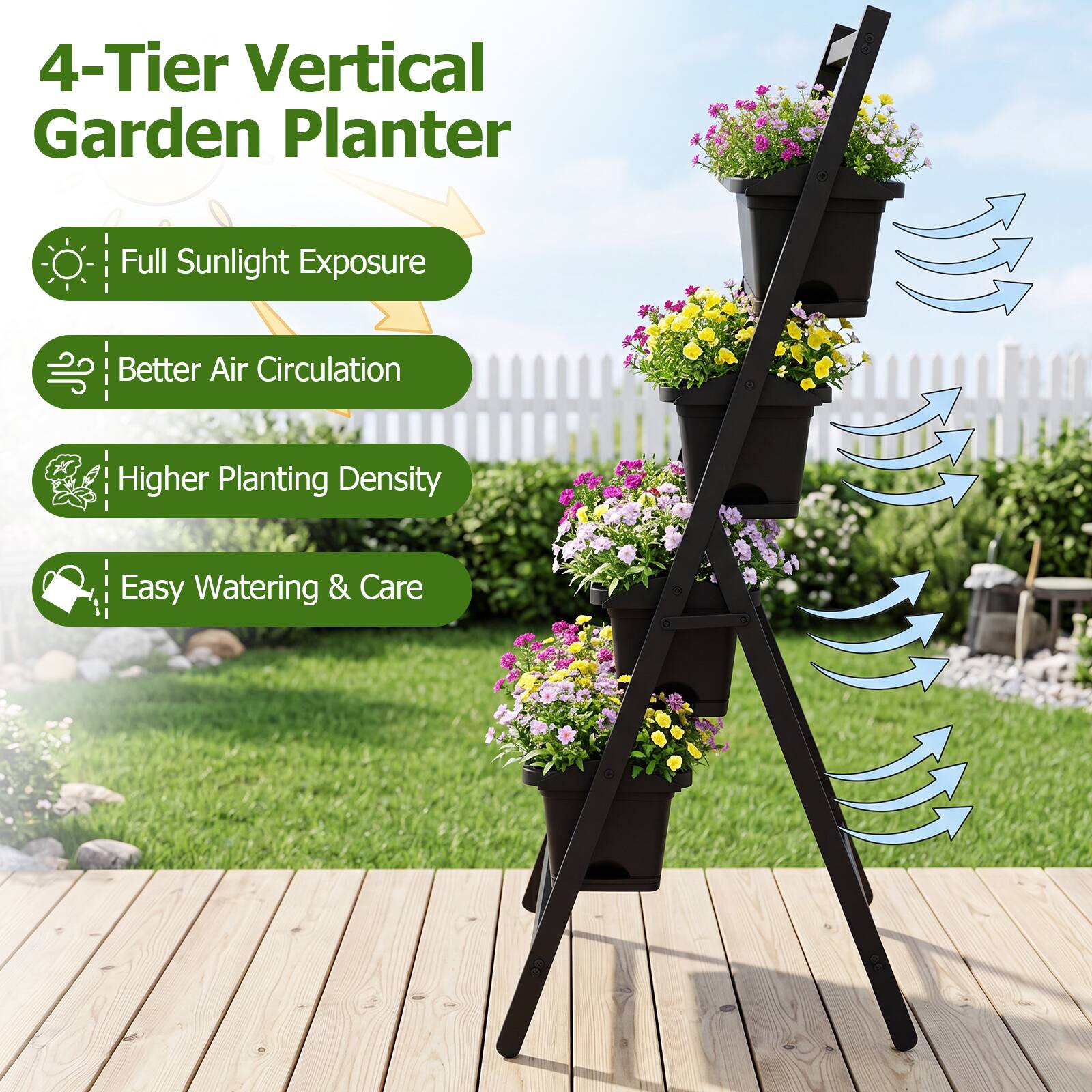 4-Tier Vertical Garden Planter

- Full Sunlight Exposure
- Better Air Circulation
- Higher Planting Density
- Easy Watering & Care