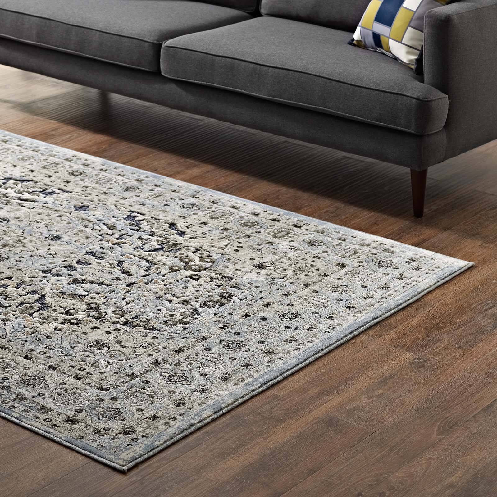 Back. Modway - Elqenna Ornate Vintage Floral Turkish Area Rug - Blue and Cream.