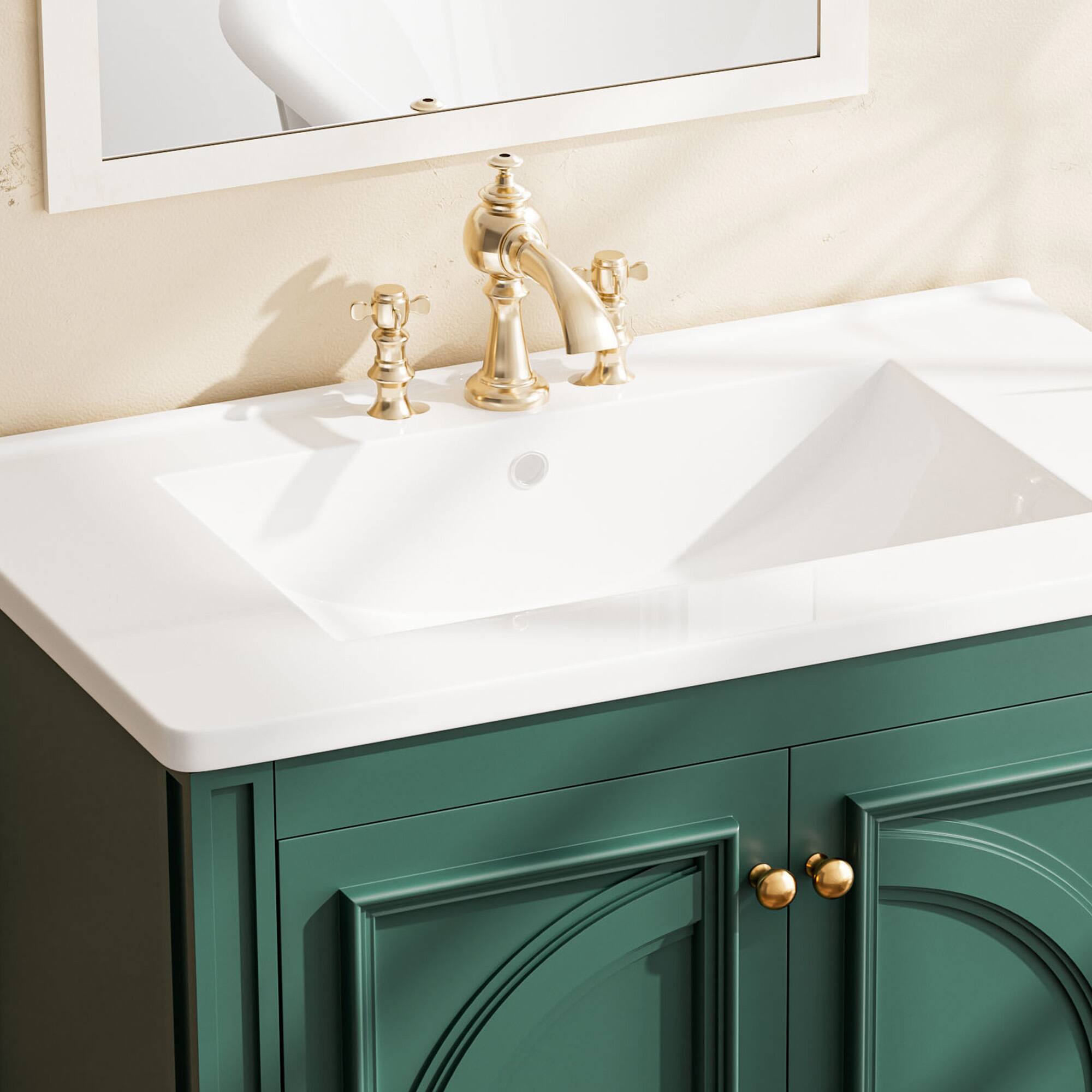 Alt View 2. KERDOM - 30" Vintage Bathroom Vanity with Ceramic Sink, Freestand Storage Cabinet, 3-Hole Faucet Prep, Washroon Storage Cabinet - Green.